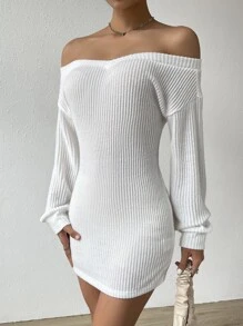 Firerie 一字肩羅紋針織緊身洋裝 - 白色 - 查看 5