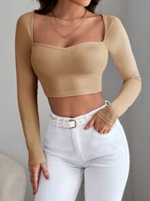 SHEIN Privé 雞心領口條紋針織短款T恤 - 卡其色 - 查看 3