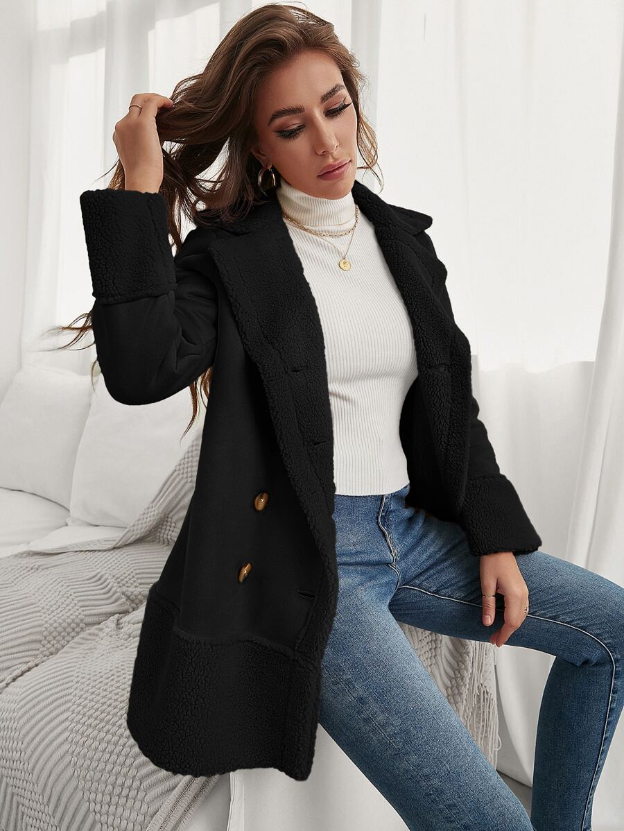 SHEIN Frenchy 秋冬泰迪熊衬里双排扣大衣