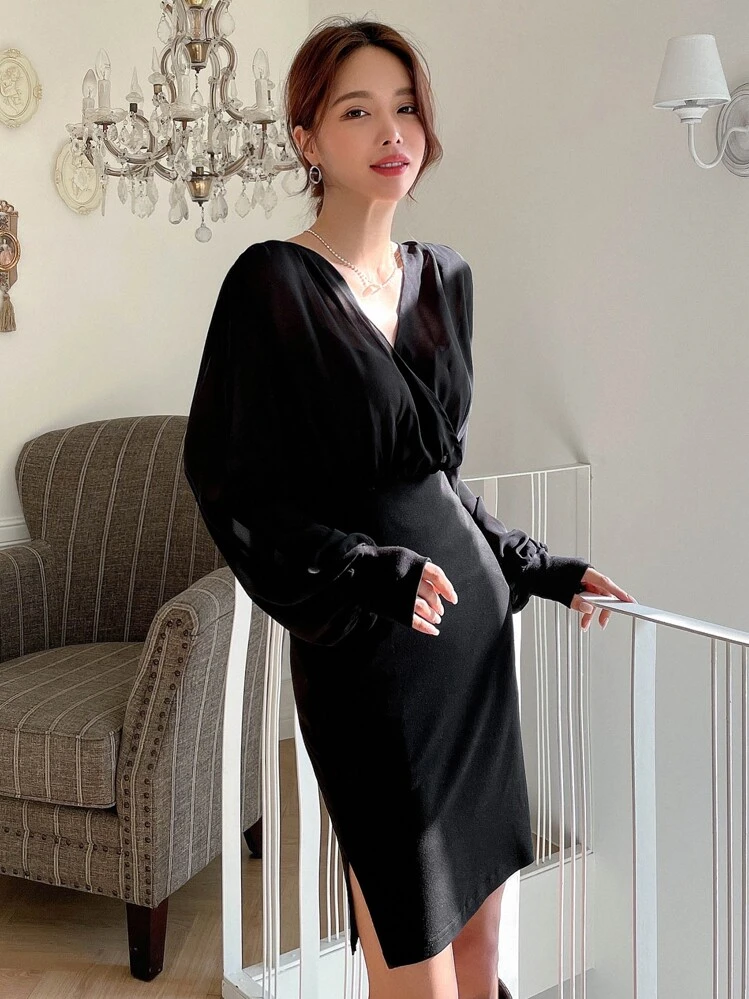 DAZY Colorblock Bishop Sleeve 2 In 1 Dress - Black - View 1