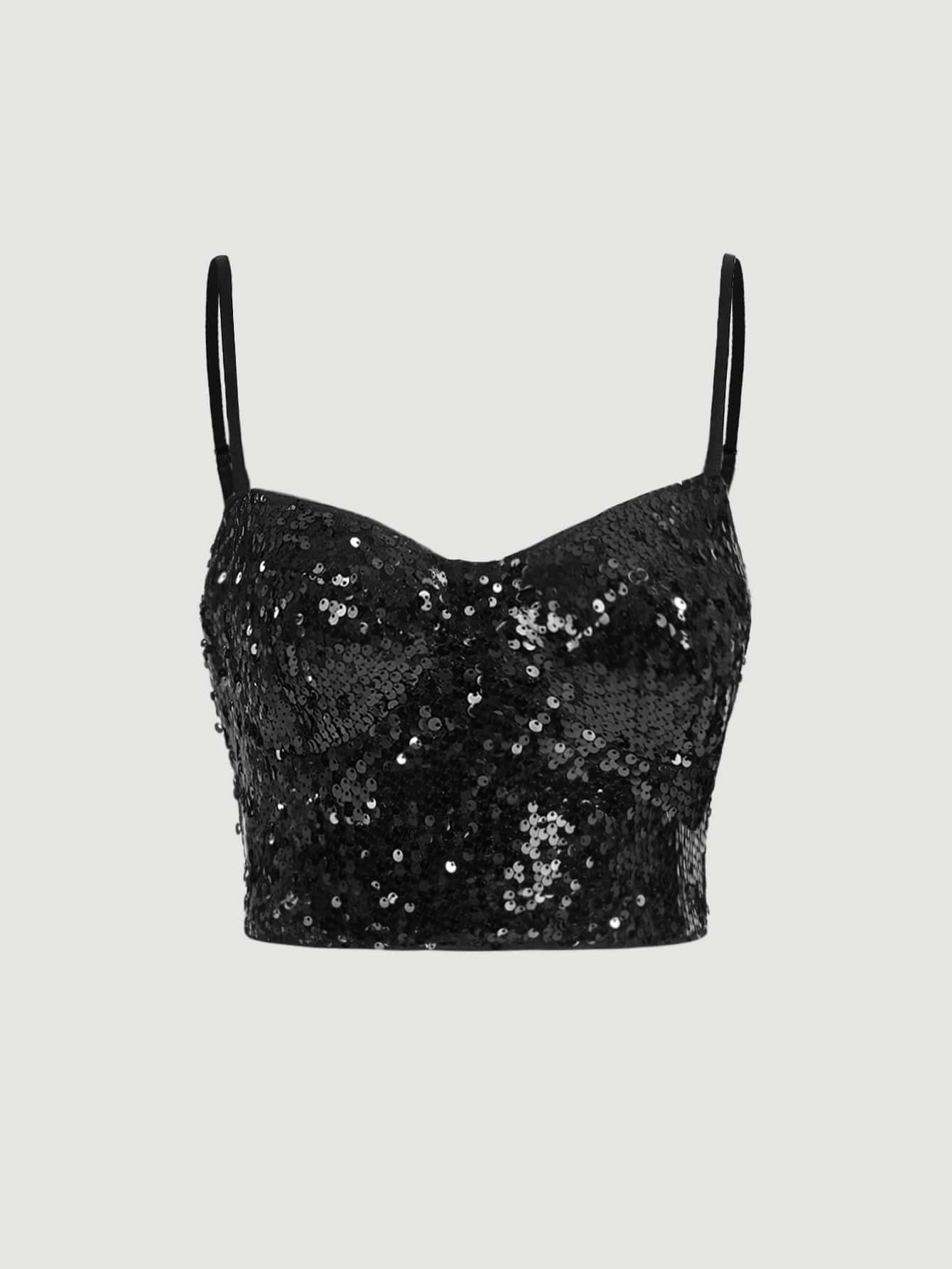 SHEIN MOD Women's Sequin Decorated Camisole Crop Top,Formal,Spring/Summer,Party,Wedding,Elegant Top,Going Out Top, Birthday - Black - View 1