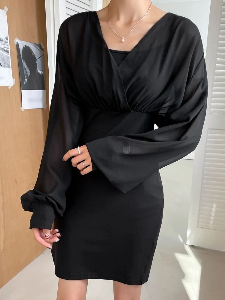 DAZY Colorblock Bishop Sleeve 2 In 1 Dress - Black - View 3