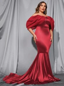 Vestido de fiesta de hombros descubiertos de malla de manga farol bajo sirena - Burdeos - Ver 6