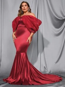 Vestido de fiesta de hombros descubiertos de malla de manga farol bajo sirena - Burdeos - Ver 7