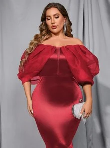 Vestido de fiesta de hombros descubiertos de malla de manga farol bajo sirena - Burdeos - Ver 8