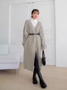 DAZY Drop Shoulder Longline Duster Cardigan Without Belt,Long Sleeve Tops,Fall Women Clothes - Apricot - View 3