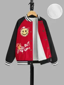SHEIN Boys Raglan Sleeve Cartoon & Letter Graphic Varsity Jacket - Multicolor - View 1