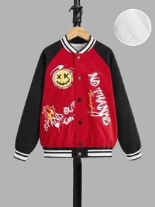 SHEIN Boys Raglan Sleeve Cartoon & Letter Graphic Varsity Jacket - Multicolor - View 2