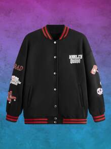Harley Quinn | ROMWE Cazadora de universidad con letra con estampado de dibujos animados con botón delantero - Negro - Ver 9