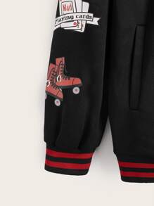 Harley Quinn | ROMWE Cazadora de universidad con letra con estampado de dibujos animados con botón delantero - Negro - Ver 10