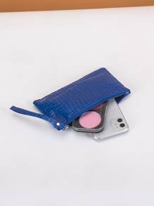 蓝色零钱包，拉链 PU 皮革，简约时尚