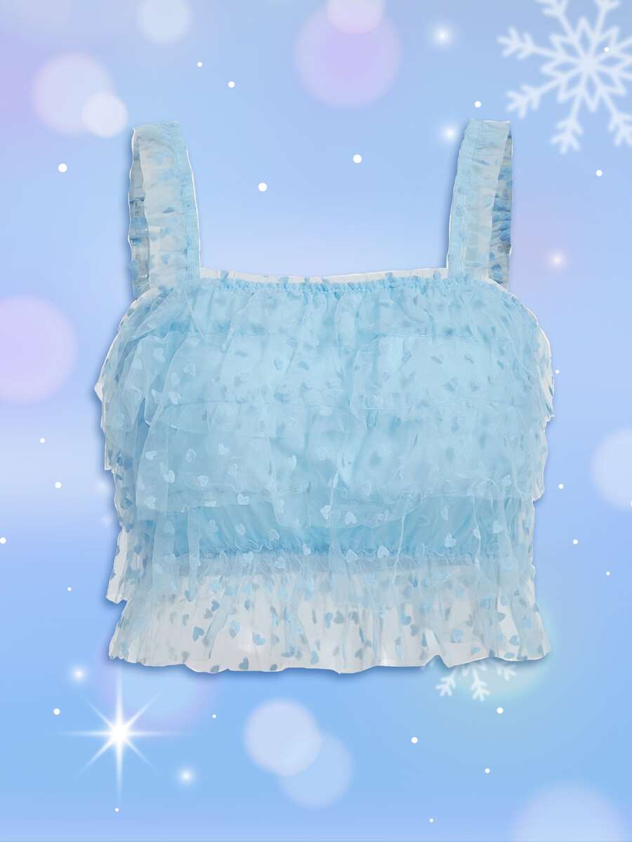 ROMWE Kawaii Heart Mesh Ruffle Hem Top - Blue - View 1