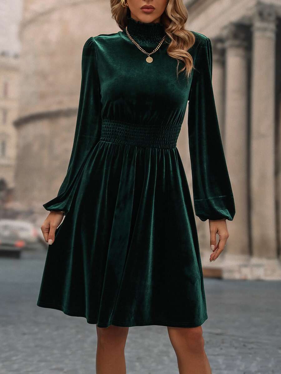 SHEIN LUNE Vestido de cuello alto de manga farol de terciopelo - Verde - Ver 1