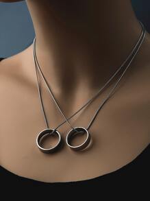 2入組銀簡約風不銹鋼圓形和星星和氧化鋯吊墜情侶項鍊,適用於女士日常穿著 - 銀色 - 查看 2