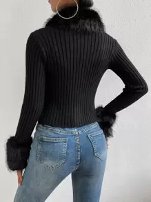 Elenzga Fuzzy Collar Ribbed Knit Cardigan Fall Winter Cloth For Women - Black - View 2