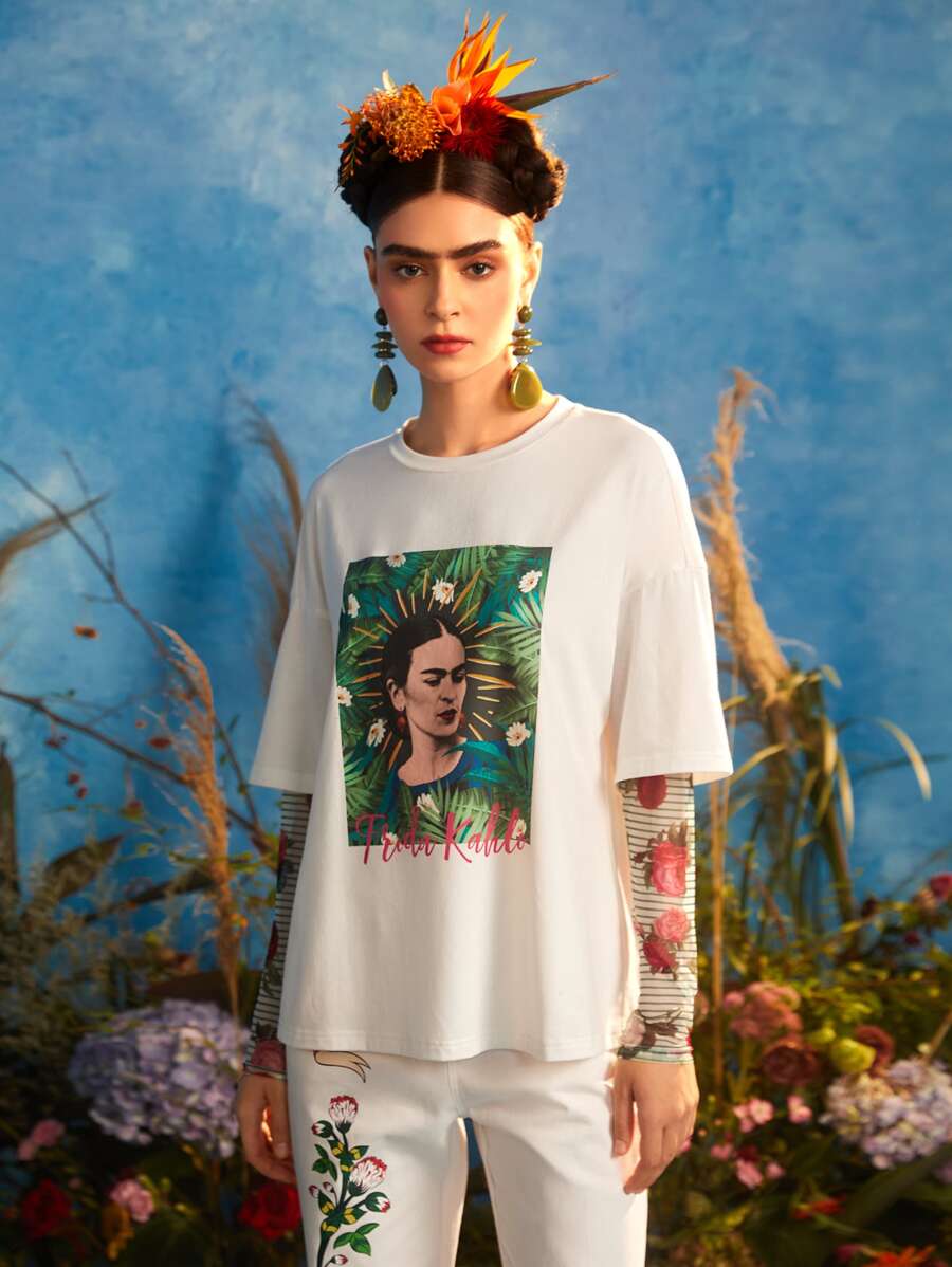 Frida Kahlo X SHEIN Figure & Letter Graphic 2 In 1 Tee - Beige - View 1