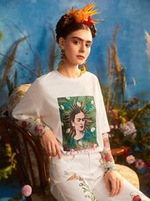 Frida Kahlo X SHEIN Figure & Letter Graphic 2 In 1 Tee - Beige - View 3