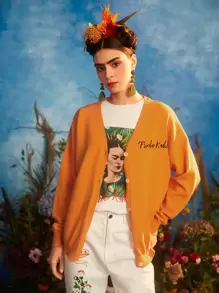 Frida Kahlo X SHEIN Cárdigan con patrón de letra & de figura