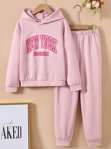 Girls Letter Graphic Drop Shoulder Hoodie & Joggers - Pink - View 1