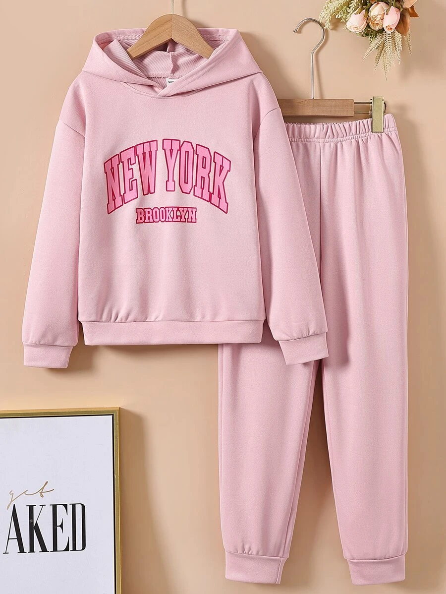 Girls Letter Graphic Drop Shoulder Hoodie & Joggers - Pink - View 1
