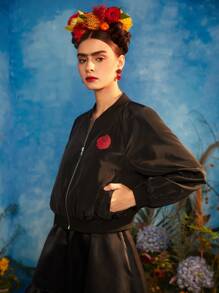 Frida Kahlo X SHEIN Cazadora tipo bomber con estampado floral & de figura de manga farol - Negro - Ver 3
