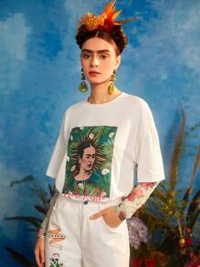 Frida Kahlo X SHEIN Figure & Letter Graphic 2 In 1 Tee - Beige - View 5