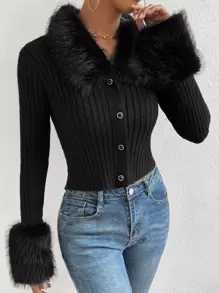 Elenzga Fuzzy Collar Ribbed Knit Cardigan Fall Winter Cloth For Women - Black - View 6
