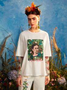 Frida Kahlo X SHEIN Figure & Letter Graphic 2 In 1 Tee - Beige - View 6
