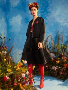 Frida Kahlo X SHEIN Cazadora tipo bomber con estampado floral & de figura de manga farol - Negro - Ver 5