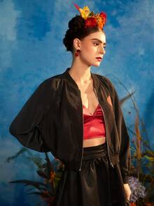 Frida Kahlo X SHEIN Cazadora tipo bomber con estampado floral & de figura de manga farol - Negro - Ver 6