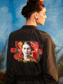 Frida Kahlo X SHEIN Cazadora tipo bomber con estampado floral & de figura de manga farol - Negro - Ver 7