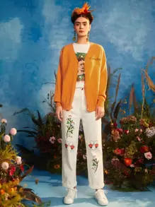 Frida Kahlo X SHEIN Cárdigan con patrón de letra & de figura