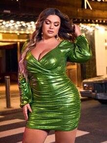 SHEIN Privé Plus Sweetheart Neck Lantern Sleeve Ruched Metallic Bodycon Dress - Green - View 5
