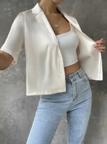 SHEIN Essnce Áo sơ mi nữ Nút phía trước màu trơn Hấp dẫn - Màu be - Xem 3