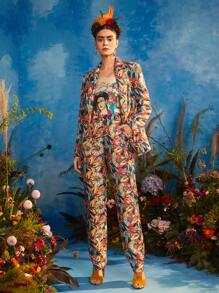 Oxana Frida Kahlo X SHEIN X Designer Floral Print Button Front Blazer - Multicolor - View 3