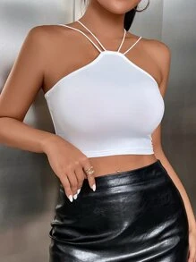 SHEIN Privé Áo hai dây Hội Chữ thập màu trơn Giải trí - trắng - Xem 3