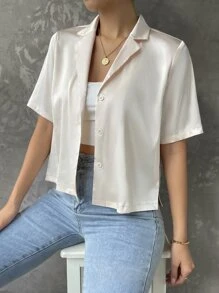 SHEIN Essnce Áo sơ mi nữ Nút phía trước màu trơn Hấp dẫn - Màu be - Xem 4