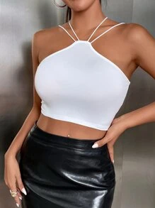 SHEIN Privé Áo hai dây Hội Chữ thập màu trơn Giải trí - trắng - Xem 5