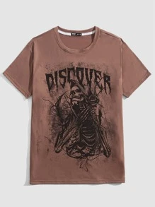 ROMWE MEN Tops Nam Lễ Các Thánh Lá thư Đường phố - Cà phê nâu - Xem 1