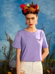 Leslie Samano Frida Kahlo X SHEIN X Designer Figure and Butterfly Print Tee - Lilac Purple - View 1