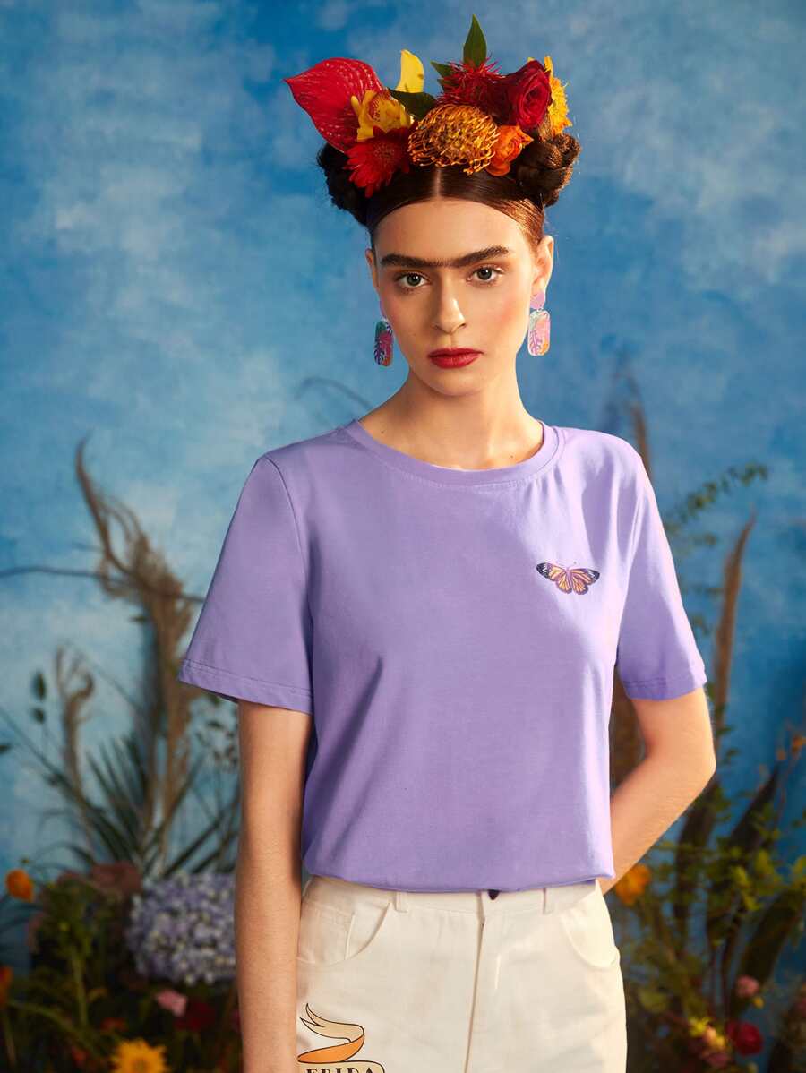 Leslie Samano Frida Kahlo X SHEIN X Designer Figure and Butterfly Print Tee - Lilac Purple - View 1