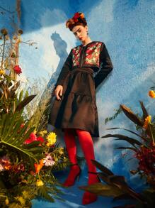 Redefinition Frida Kahlo X SHEIN X Designer Zip Up Floral Print Jacket & Ruffle Hem Skirt - Multicolor - View 1