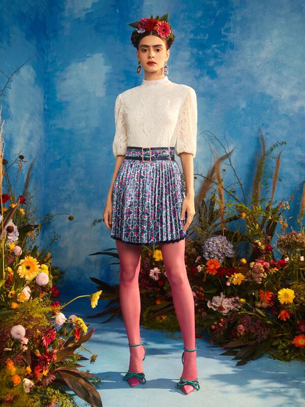 Frida Kahlo X SHEIN X Designer SHEIN X LVM Floral Print Contrast Trim