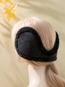 1個女生簡約毛茸茸耳暖器帶針織卷邊,溫暖舒適適合通勤佩戴 - 黑色 - 查看 2