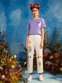 Leslie Samano Frida Kahlo X SHEIN X Designer Figure and Butterfly Print Tee - Lilac Purple - View 4