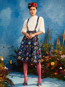 CW2 Frida Kahlo X SHEIN X Designer Lace Puff Sleeve Blouse & Floral Print Pleated Satin Pinafore Skirt - Multicolor - View 3