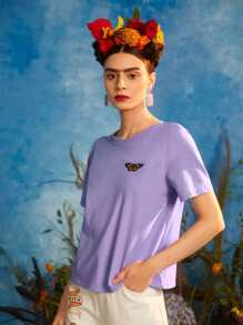 Leslie Samano Frida Kahlo X SHEIN X Designer Figure and Butterfly Print Tee - Lilac Purple - View 5