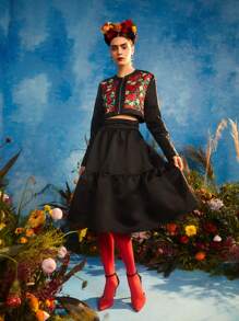 Redefinition Frida Kahlo X SHEIN X Designer Zip Up Floral Print Jacket & Ruffle Hem Skirt - Multicolor - View 3