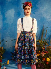 CW2 Frida Kahlo X SHEIN X Designer Lace Puff Sleeve Blouse & Floral Print Pleated Satin Pinafore Skirt - Multicolor - View 4