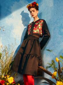 Redefinition Frida Kahlo X SHEIN X Designer Zip Up Floral Print Jacket & Ruffle Hem Skirt - Multicolor - View 4